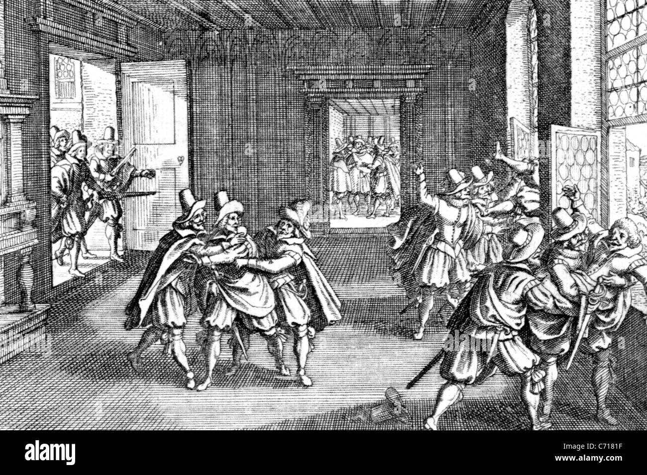 ZWEITEN FENSTERSTURZ von Prag 1618 in einem Holzschnitt in Theatrum Europaeum zwischen 1633 und 1738 veröffentlicht Stockfoto