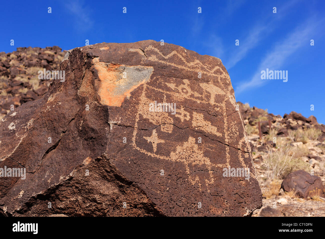 Naturvolk Petroglyphen im Petroglyph National Monument, Albuquerque, New Mexico. Stockfoto
