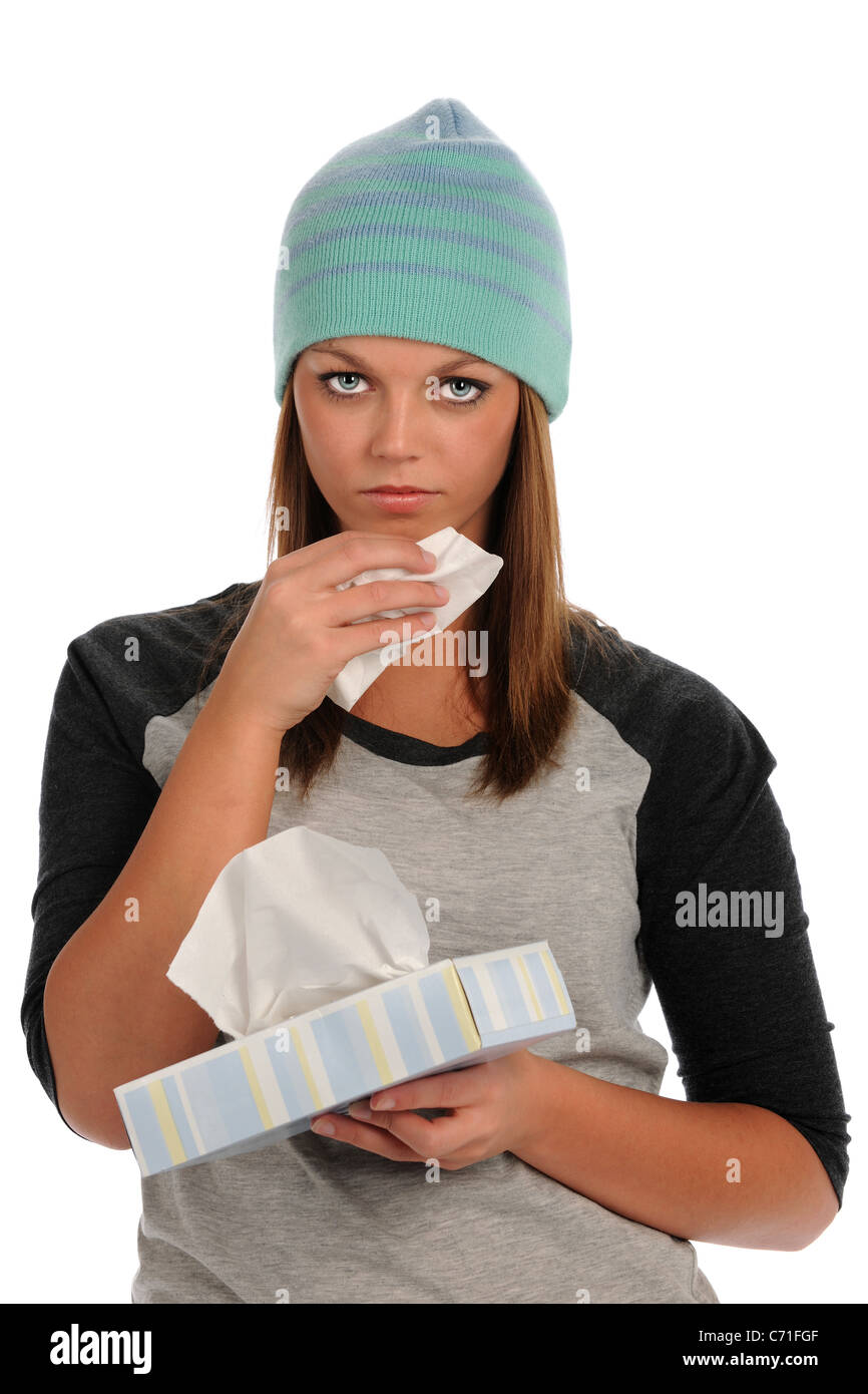 Kranke junge Frau mit Gewebe isoliert auf weißem Hintergrund Stockfoto