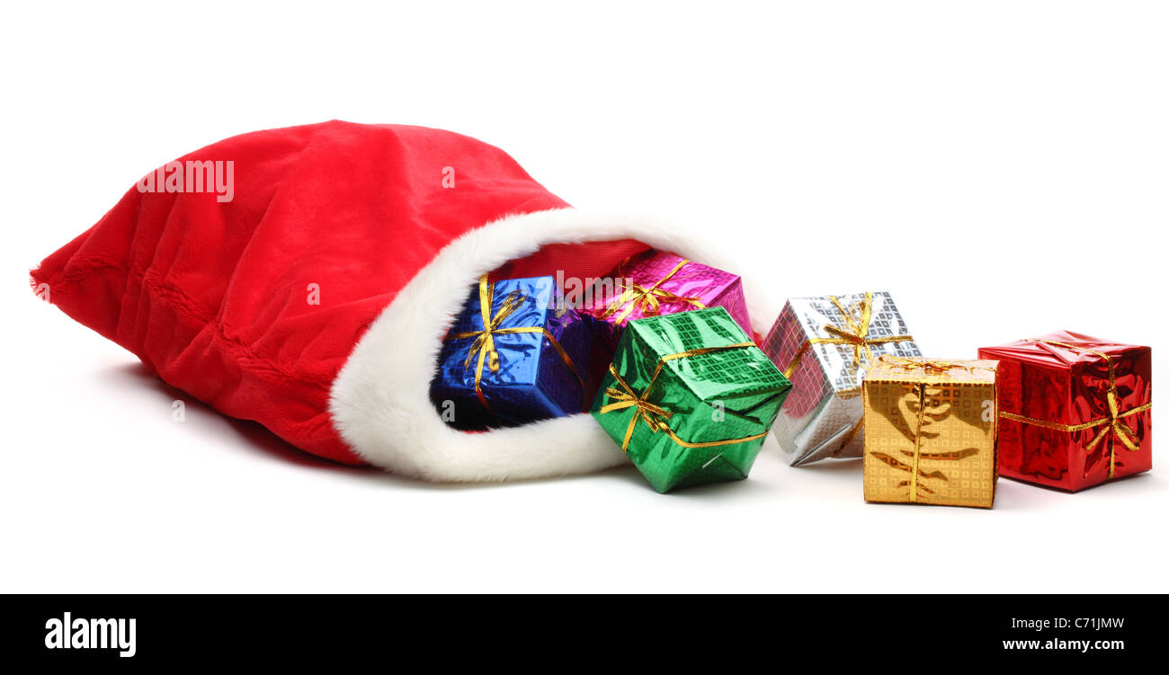 Tasche von Weihnachtsmann mit Geschenken, isoliert auf weiß. Stockfoto