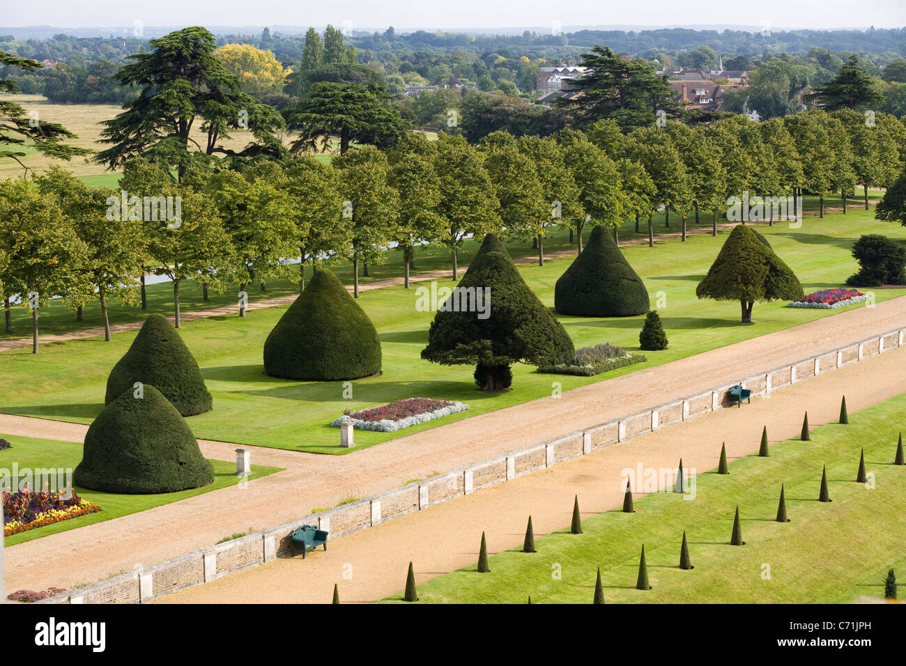 Erhöhten / Flugaufnahme Schuss / Foto von Eibe Bäume innerhalb des geheimen Gartens am Hampton Court Palace, UK. Stockfoto