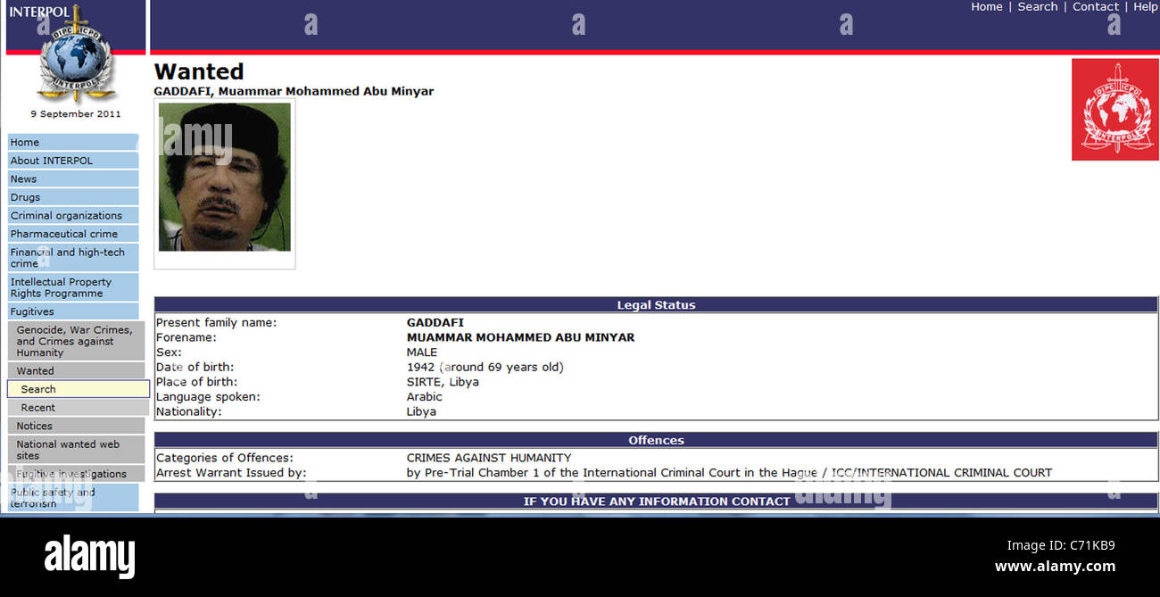 Screenshot der Interpol-Webseite, die Forderung nach der Festnahme des flüchtigen ehemaligen libyschen Führer Muammar Gaddafi Stockfoto