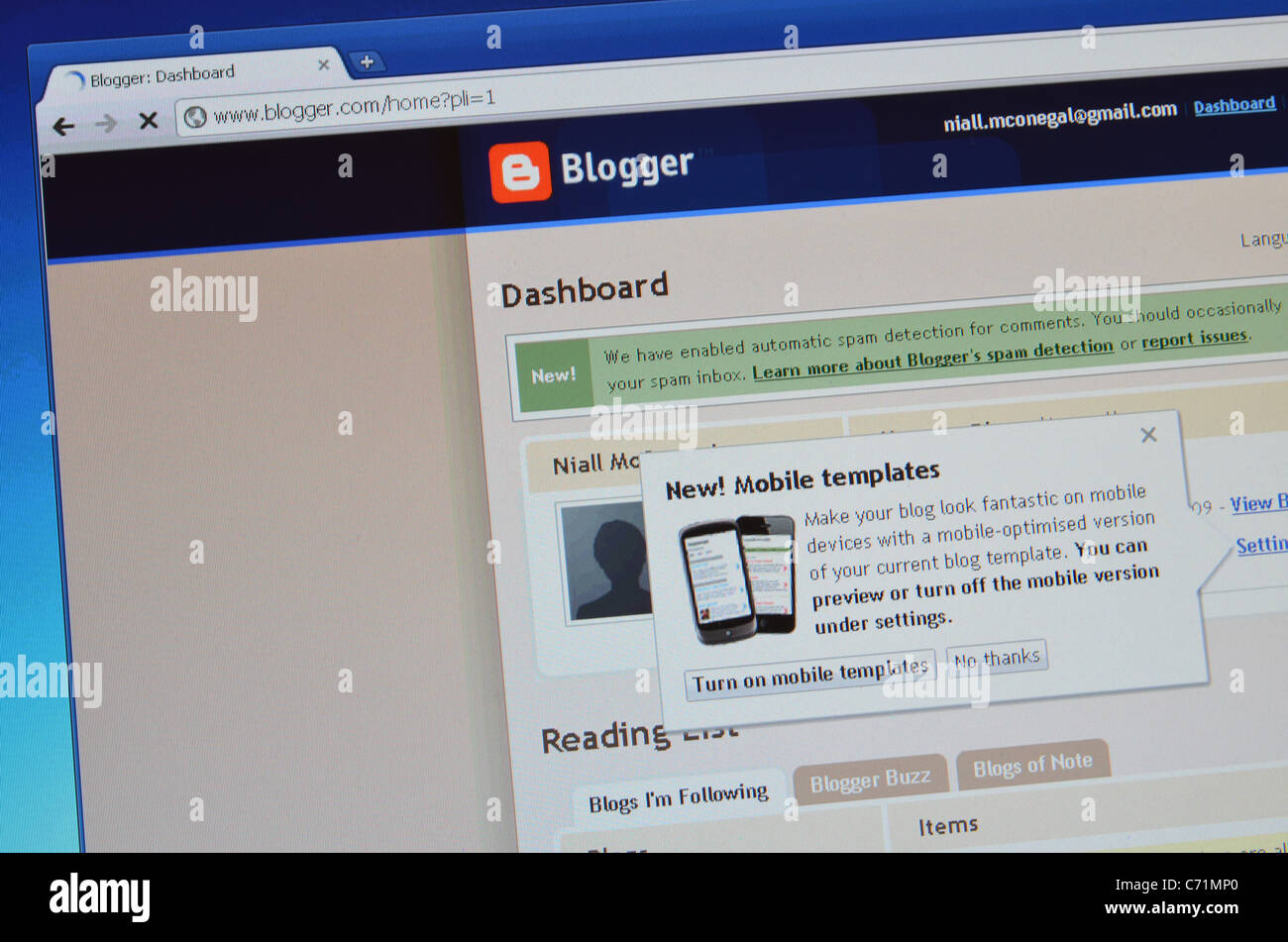 Blogger-Screenshot des Dashboards Stockfoto