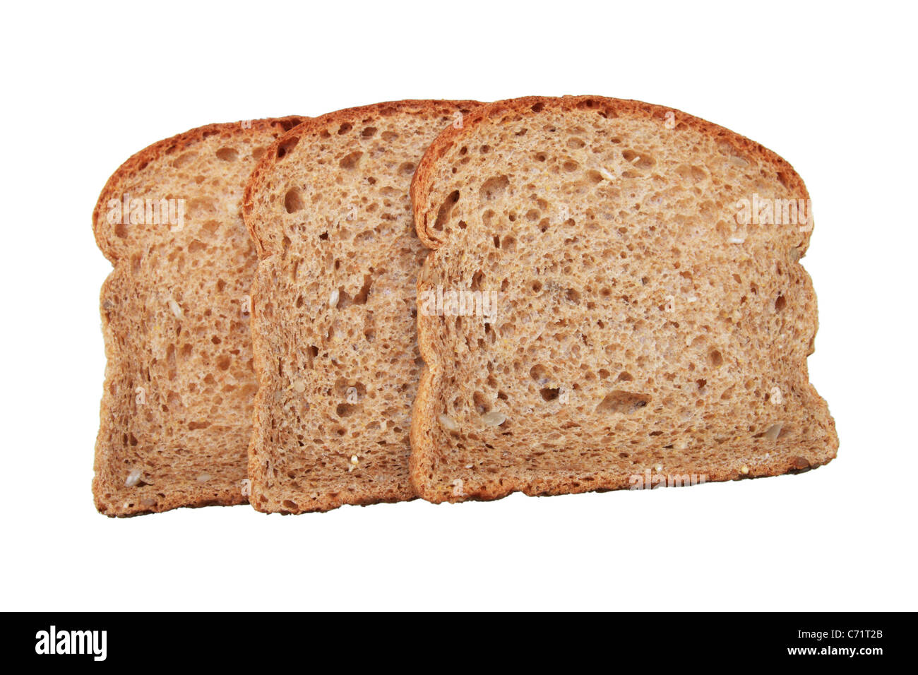 drei Vollkornbrot Scheiben isoliert auf weiss Stockfoto