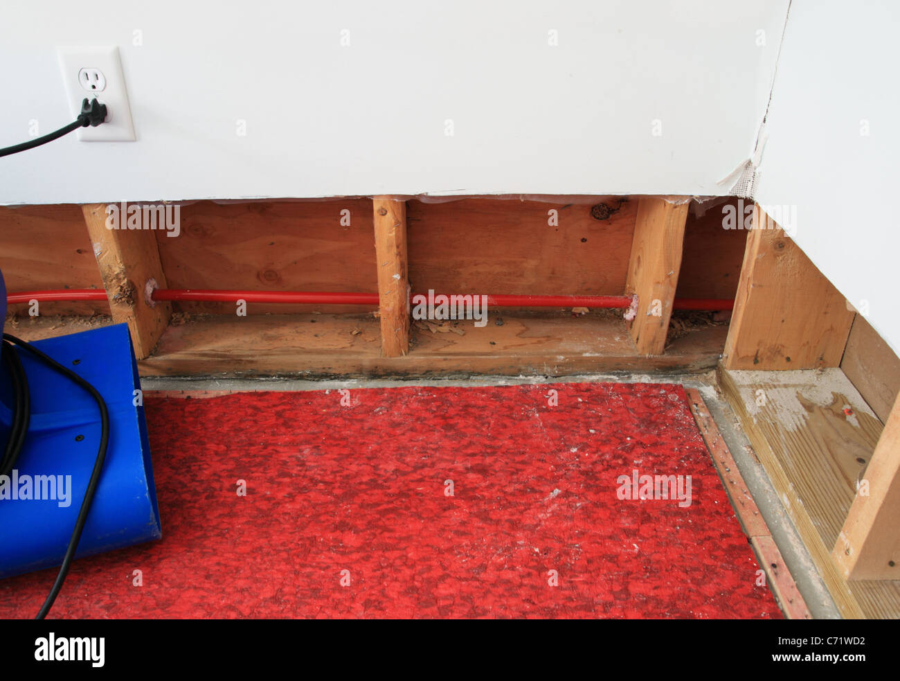 ein Industriegebläse trocknen Wasser beschädigt, Wand und Teppich die Polsterung besteht aus einem Wohn-Keller Stockfoto