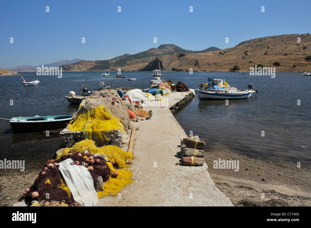 Kalo Limani geschützten Naturhafen und Steg mit Fischernetzen, vertäuten Fischerbooten und Hauskatze (Felis Catus), Lesbos. Stockfoto