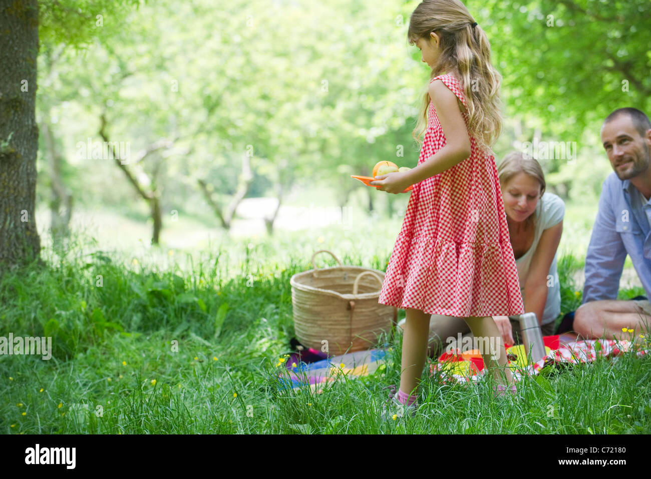 Familien genießen Picknick im grünen Stockfoto