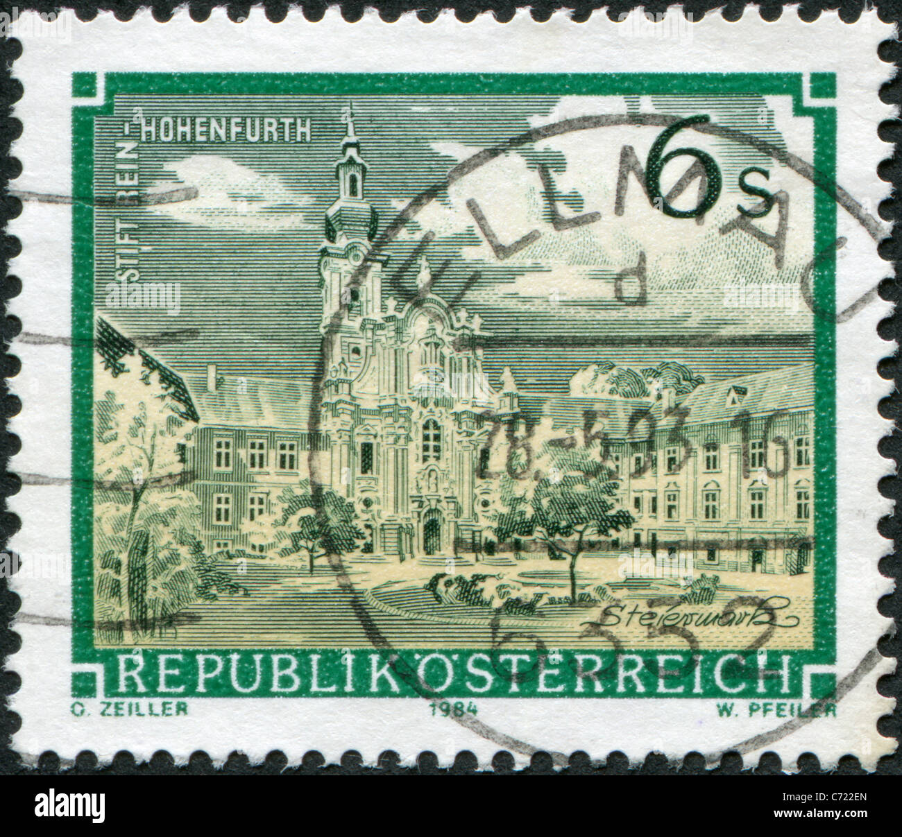 Österreich - 1984: Eine Briefmarke gedruckt in Österreich erscheint Rein Abtei (Rein-Hohenfurth) Stockfoto