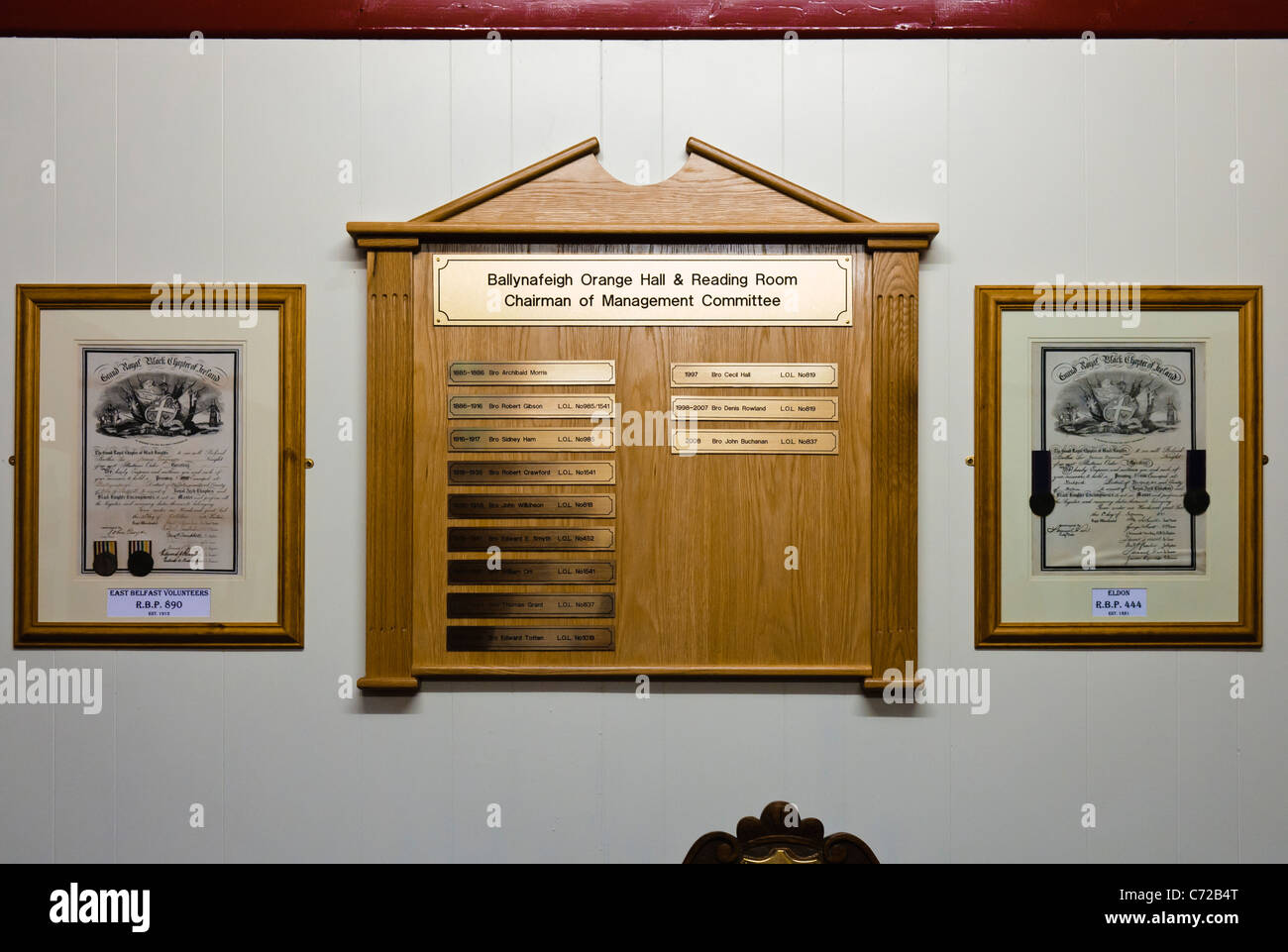 Tafel mit Namen der vorherigen Lodge-Vorsitzenden, Ballynafeigh Orange Hall, Belfast Stockfoto