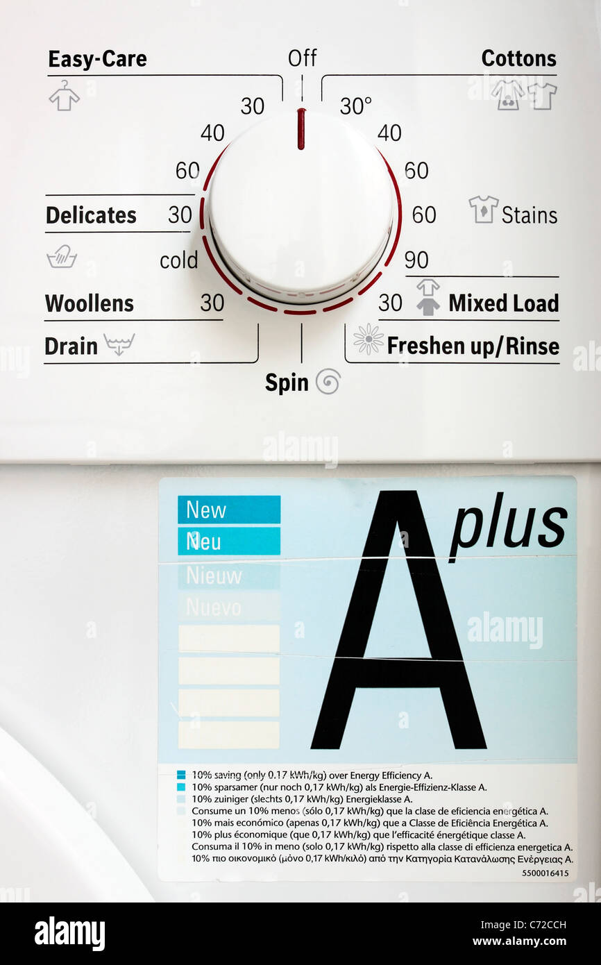 A- plus Energie bewertet Waschmaschine Programm Dial Stockfoto