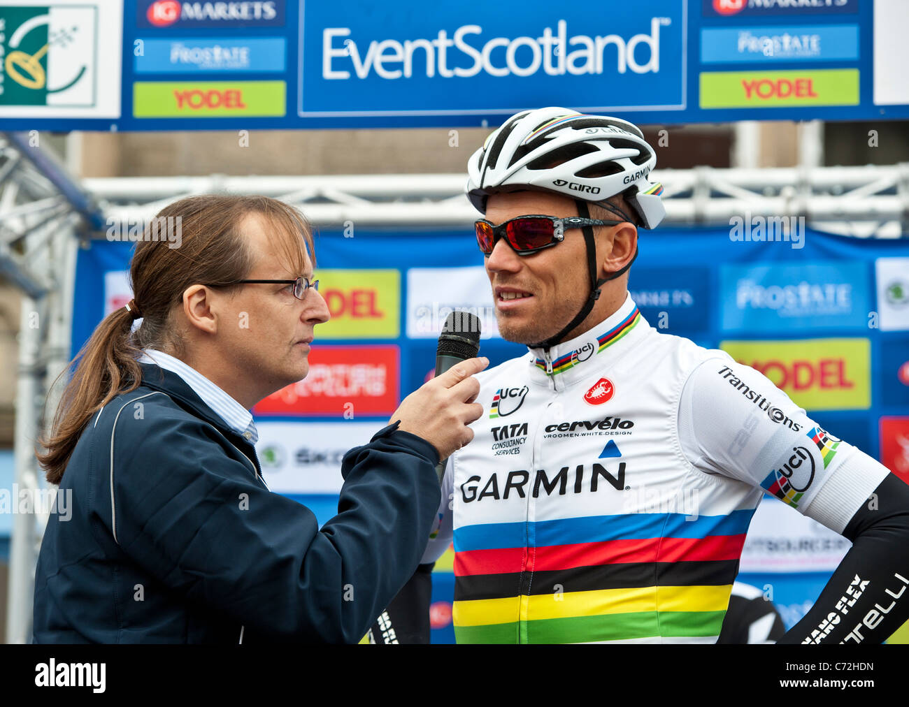 Road Race Weltmeister, Thor Hushovd bei der 2011 Tour of Britain Stufe eins in Peebles, Scottish Borders Stockfoto