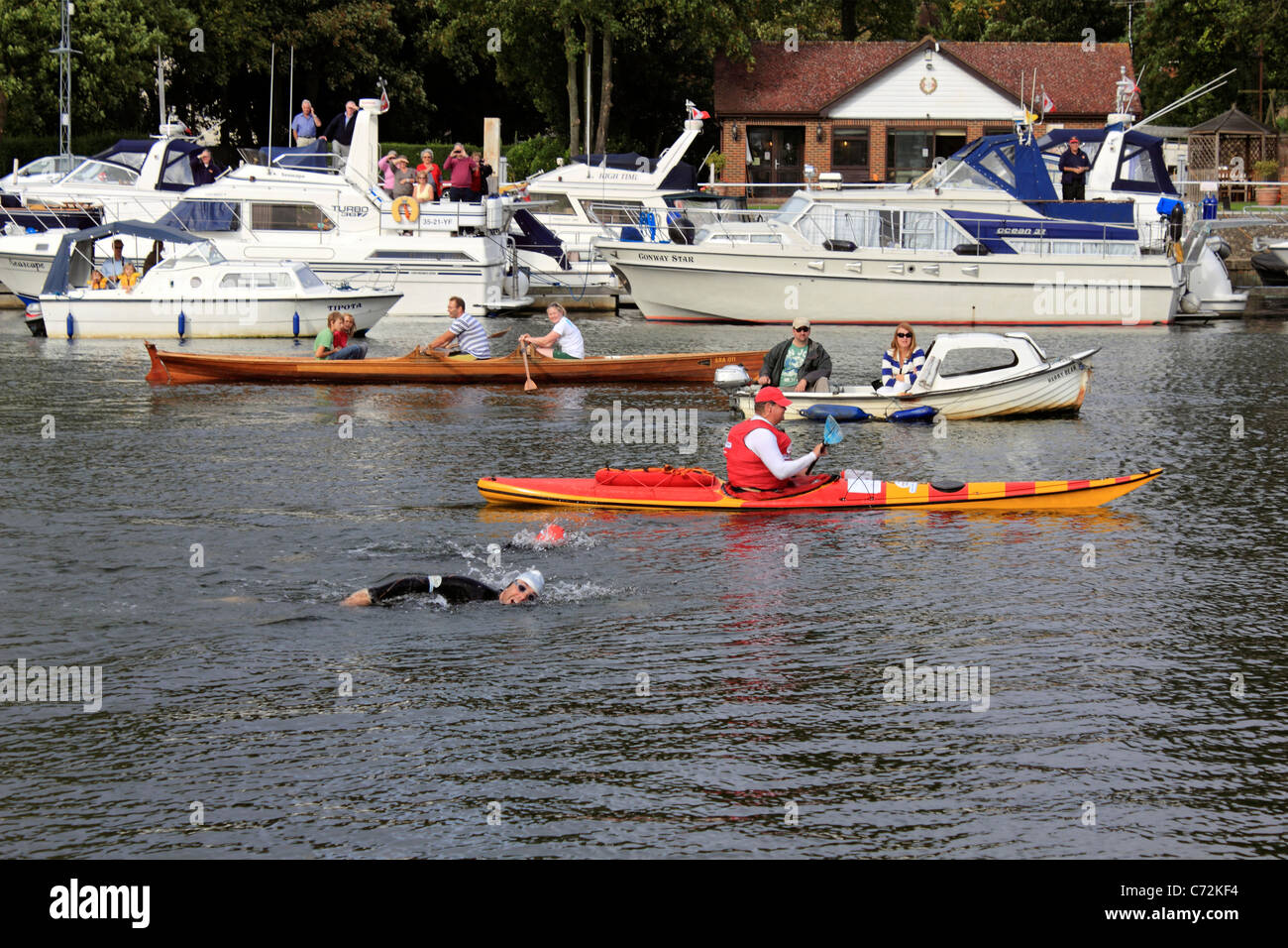 David Walliams Sport Relief Charity schwimmen entlang der Themse bei Hampton und Molesey Surrey England UK. September 2011. Stockfoto