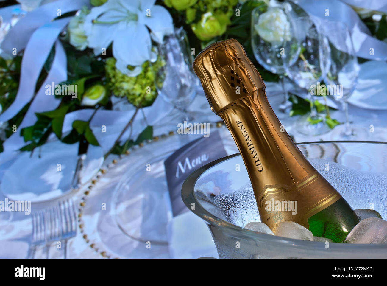 Flasche französischen Champagner auf Eis im Weinkühler mit Luxus sonnigen alfresco Tischdekoration hinter Stockfoto