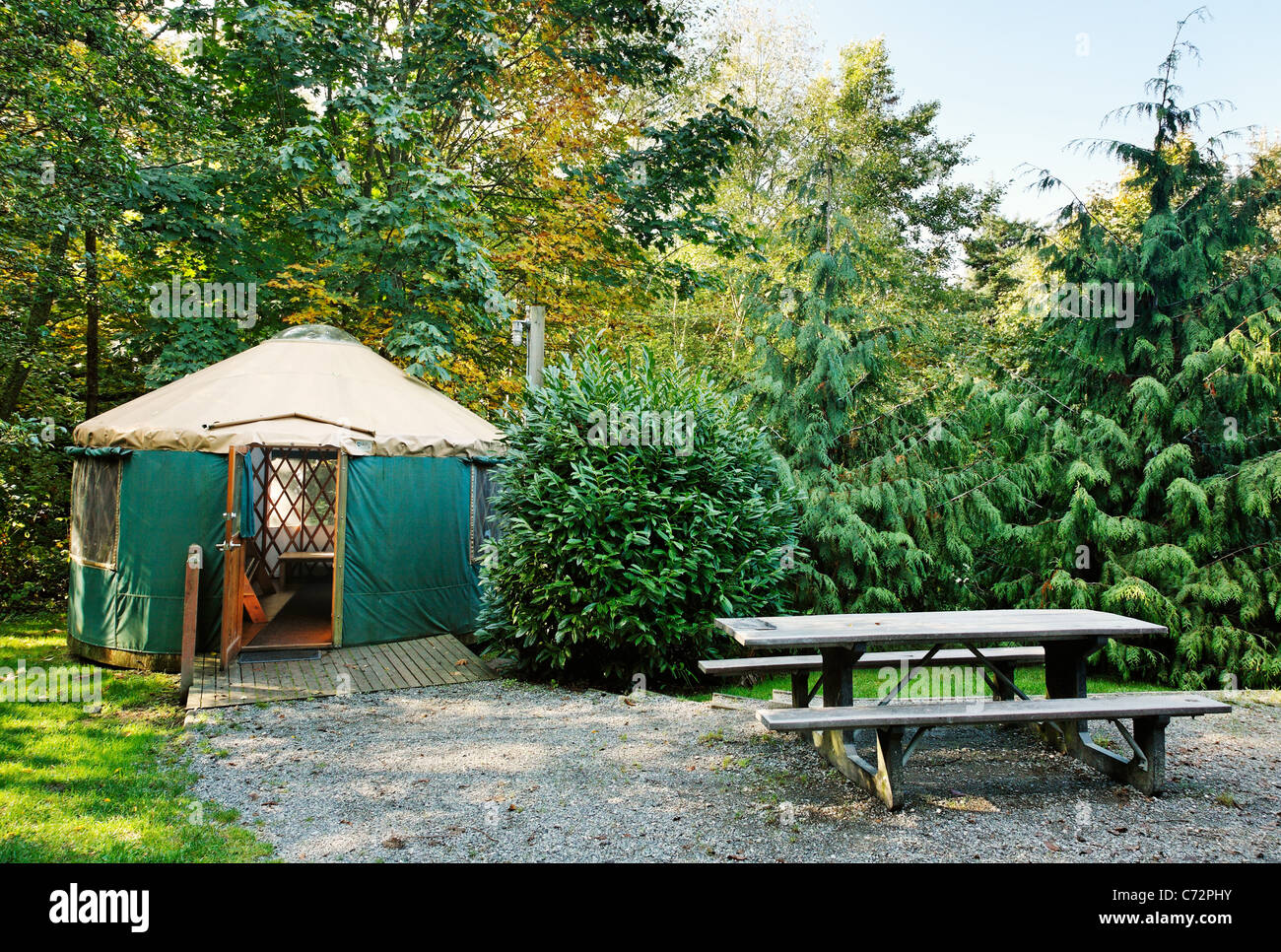 Vermietung-Jurten Kajak Point County Park, Snohomish County, Washington, USA Stockfoto