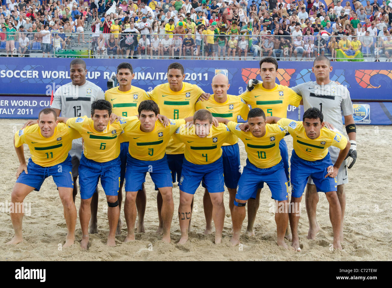 Brasilien Gruppe Mannschaftsaufstellung für die Beach-Soccer: FIFA Beach Soccer World Cup Ravenna-Italien 2011. Stockfoto