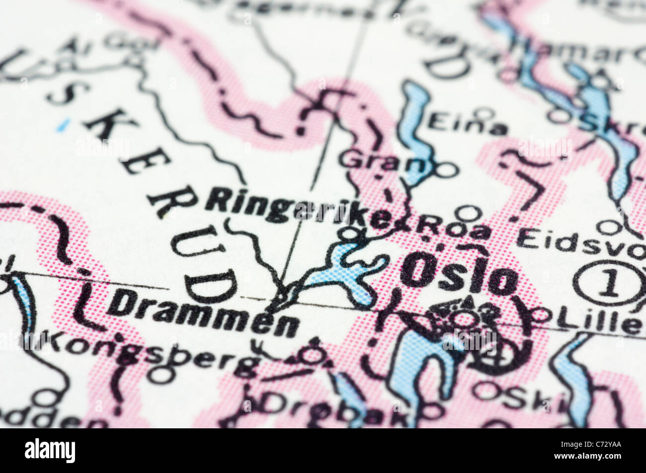 Oslo, eine Nahaufnahme von Norwegens Hauptstadt auf Karte. Stockfoto