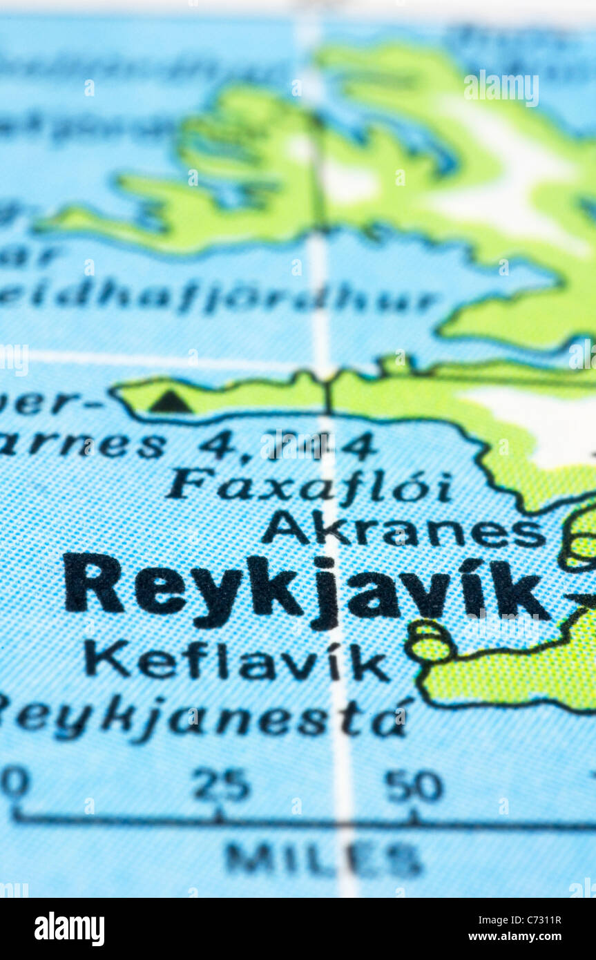 Eine Nahaufnahme von Reykjavík auf Karte, Hauptstadt von Island. Stockfoto