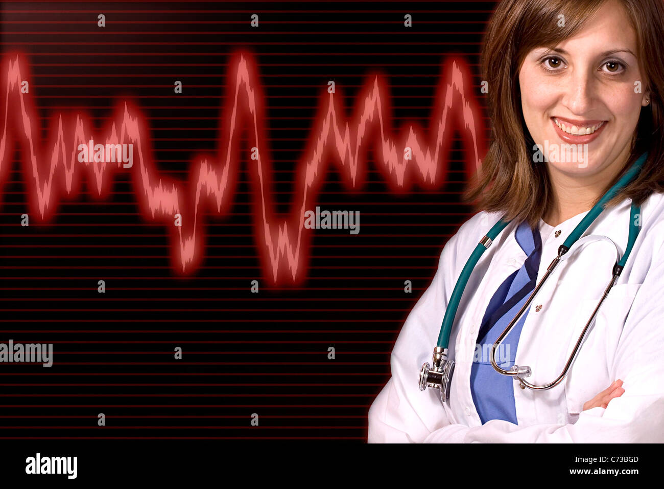 Ein junger Arzt isoliert über einen EKG-Hintergrund mit Exemplar. Stockfoto