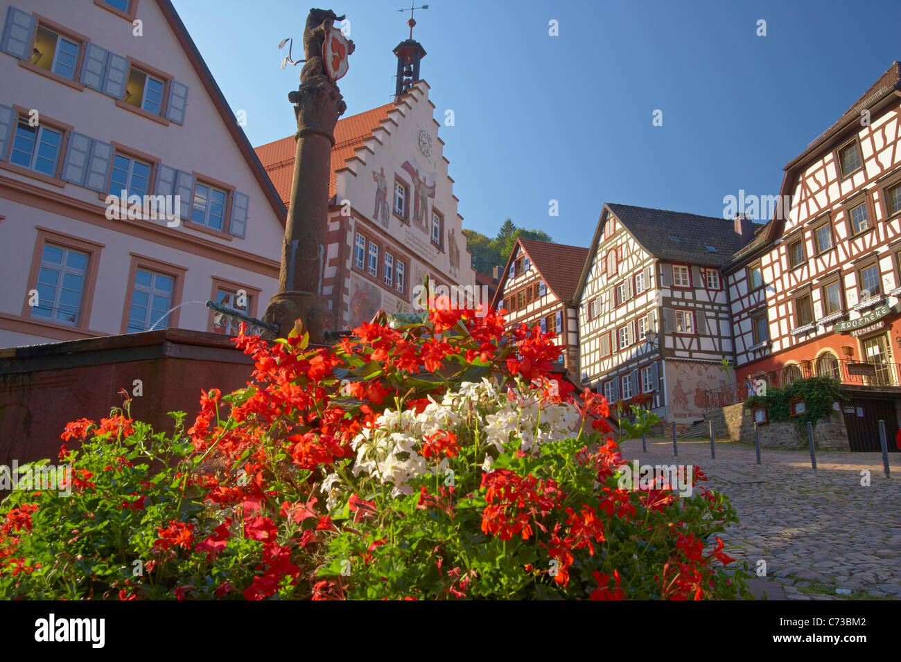 Fachwerkhäuser und das Rathaus auf dem Marktplatz in der Stadt Schiltach Sommer Tal Kinzigtal südlichen Teil des schwarzen F Stockfoto