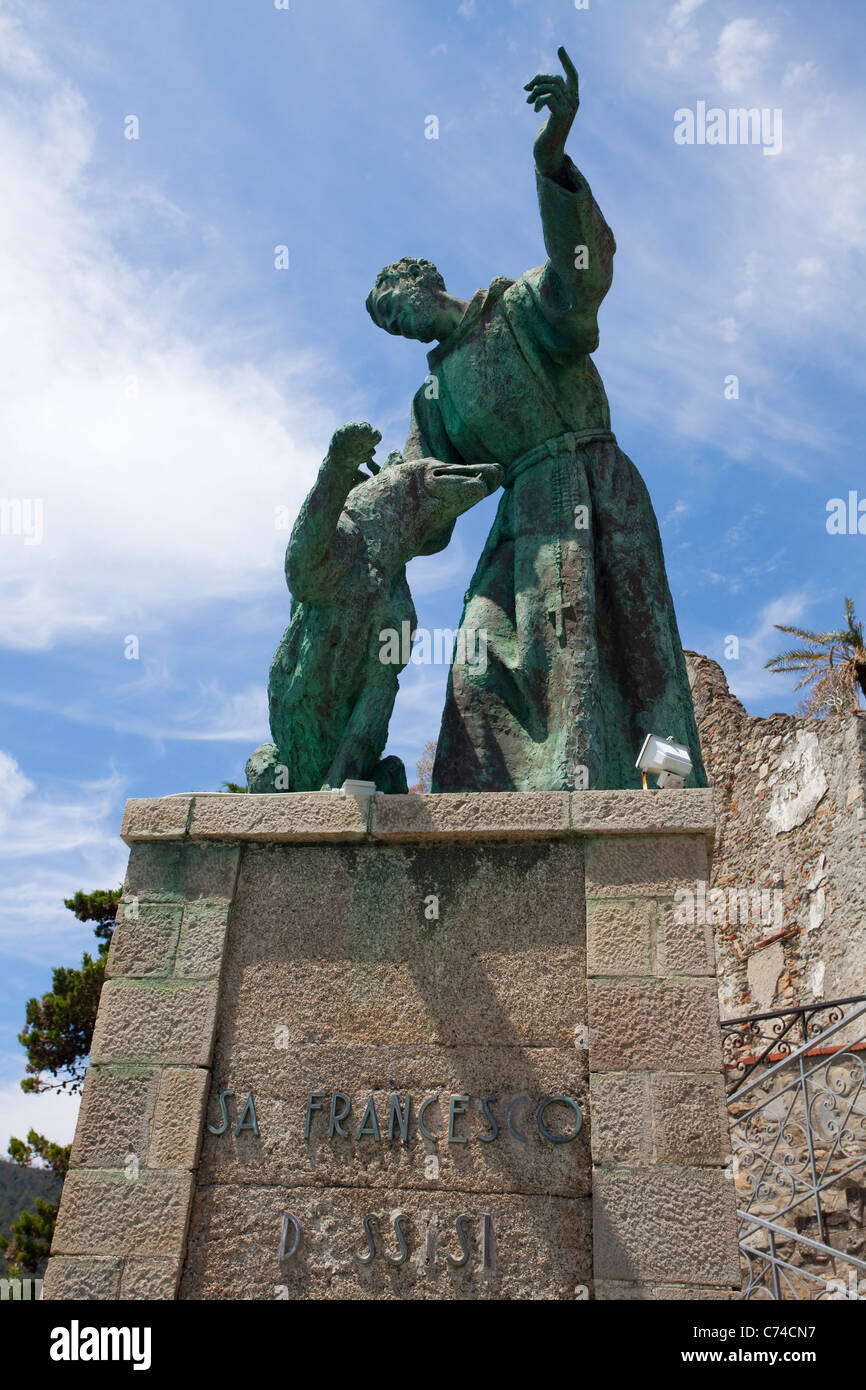 Der heilige Franz von Assisi Statue auf Turm des Castello, Monterosso, Cinque Terre, Ligurien di Levante, Italien, Mittelmeer, Europa Stockfoto