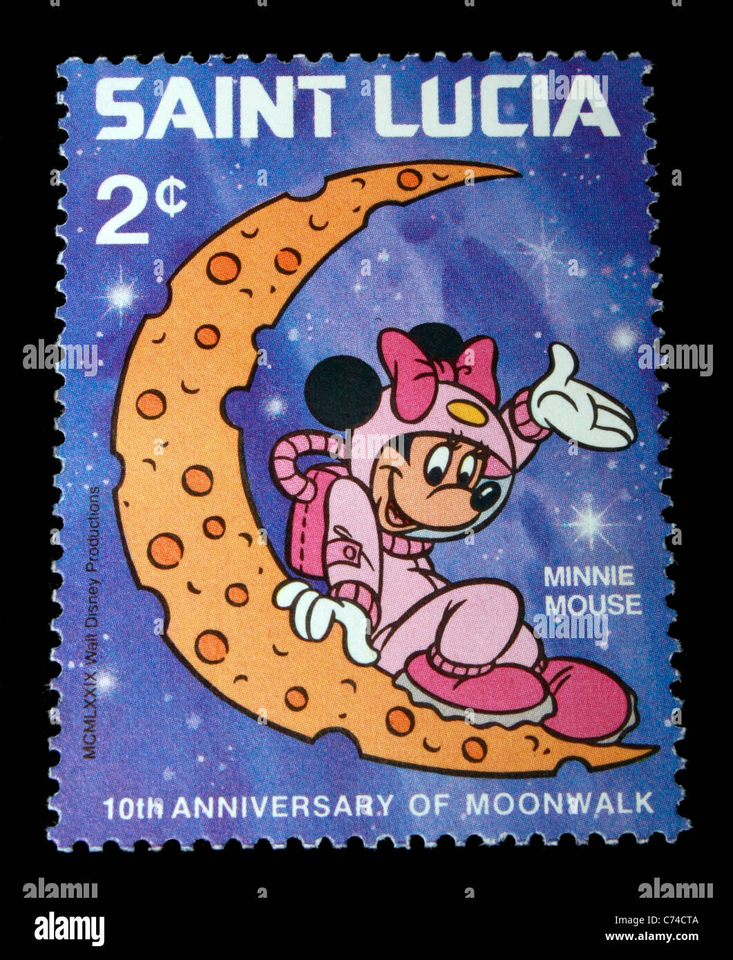 Saint Lucia-Briefmarke zeigt Walt Disney Zeichentrickfilm-Figur Minnie Maus Stockfoto