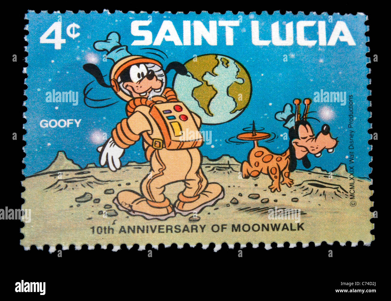 Saint Lucia-Briefmarke zeigt Walt Disney Zeichentrickfilm-Figur Goofy Stockfoto