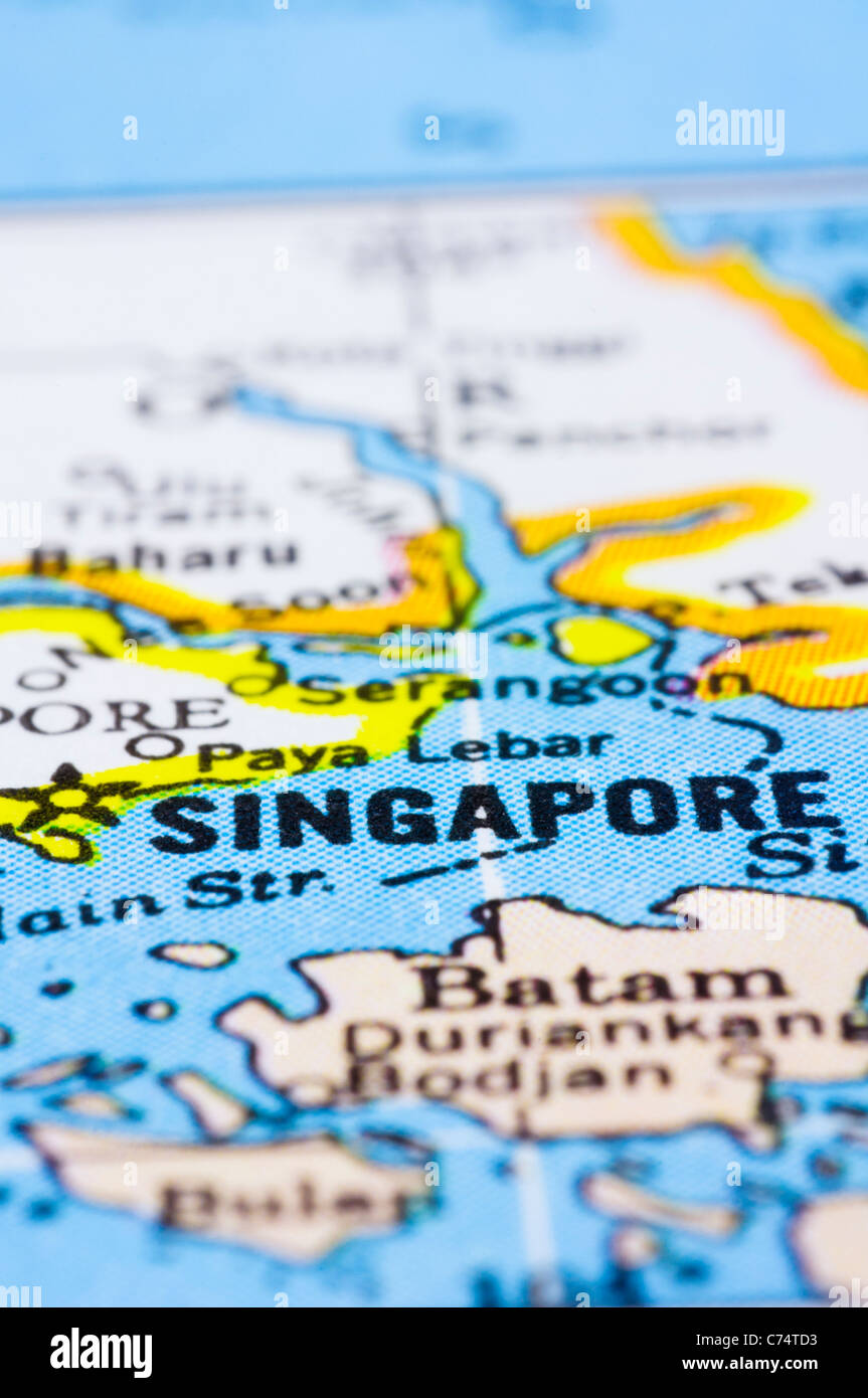 eine Nahaufnahme von Singapur auf Karte, Asien. Stockfoto