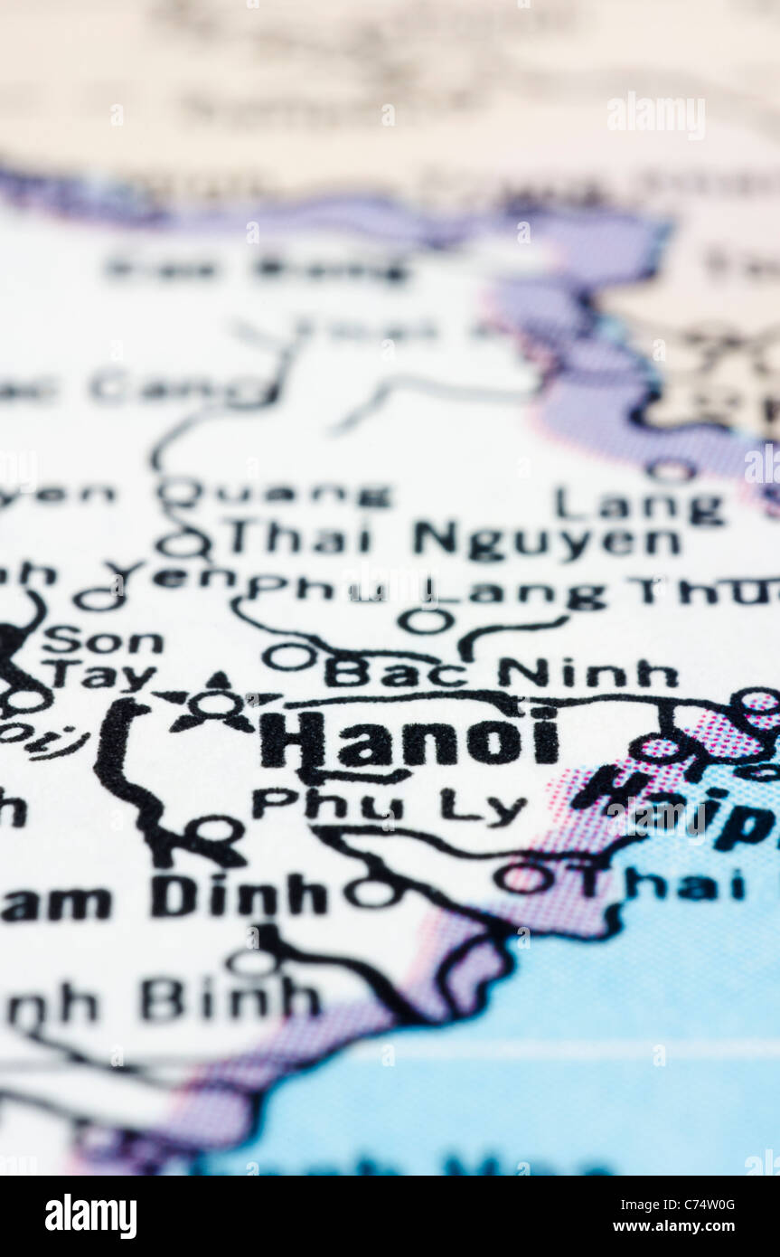 eine Nahaufnahme von Hanoi auf Karte, Hauptstadt von Vietnam. Stockfoto