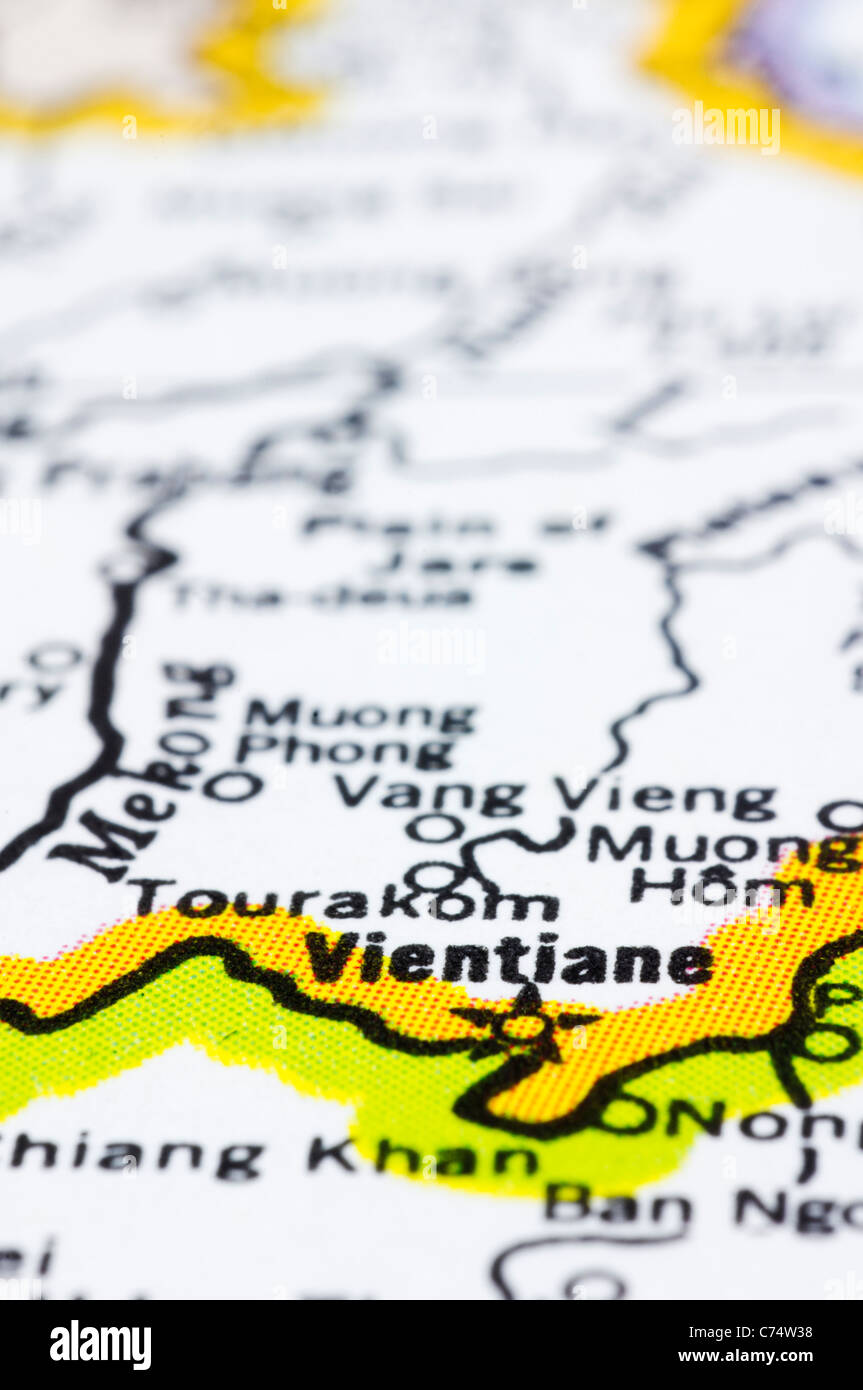 ein Close Up von Vientiane auf Karte, Hauptstadt von Laos. Stockfoto