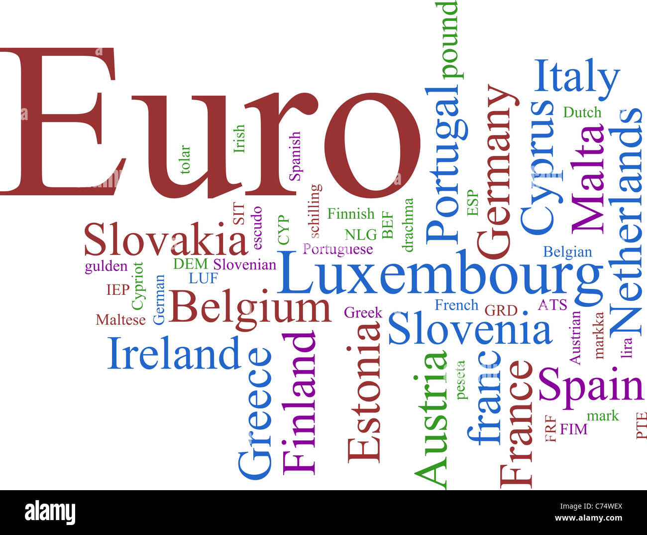 Word Cloud basiert auf der gemeinsamen europäischen Währung Stockfoto