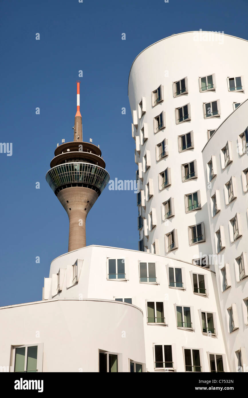 Der Neue Zollhof Architekten Gehry des Medienhafens und Fernmeldeturm Rheinturm in Düsseldorf, Stockfoto