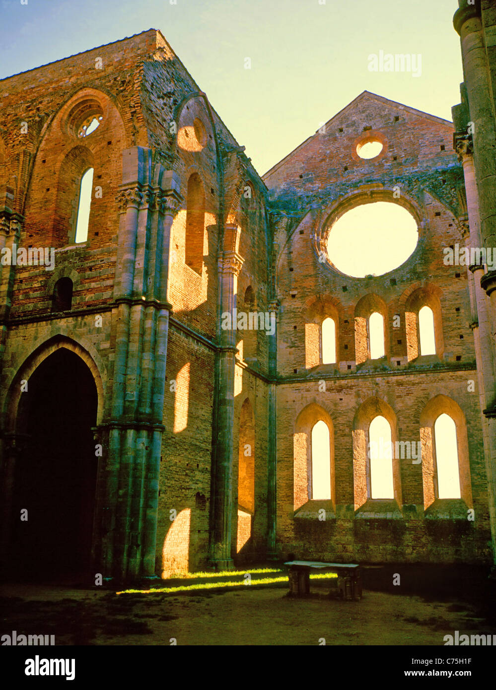 Gotische Abtei von San Galgano bei Montesiepi, ungefähr 19 Meilen (30 km) südwestlich von Siena. Stockfoto
