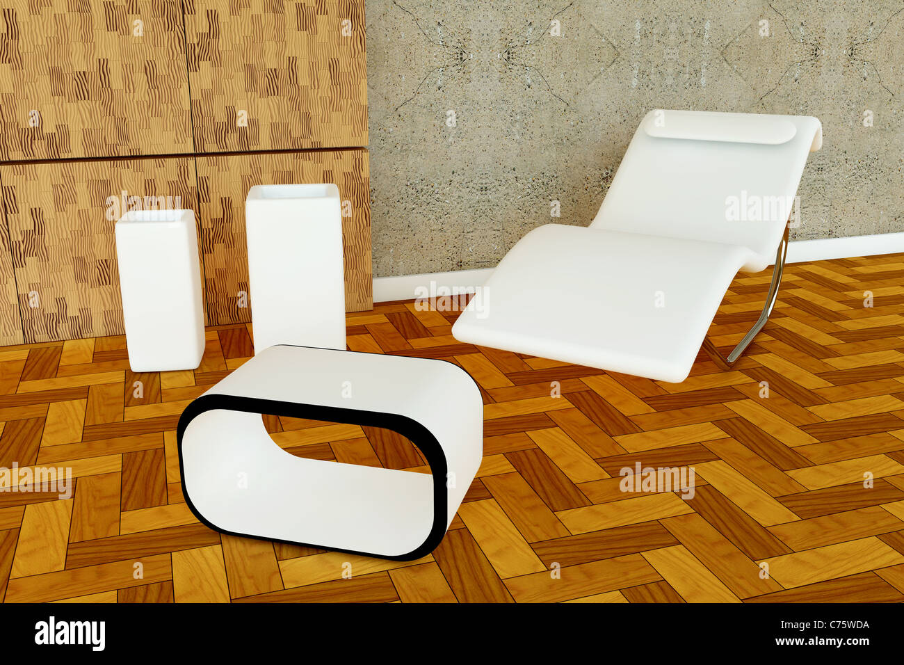 3D gerenderten Sessel mit zwei weiße Vase und moderner Tisch Stockfoto