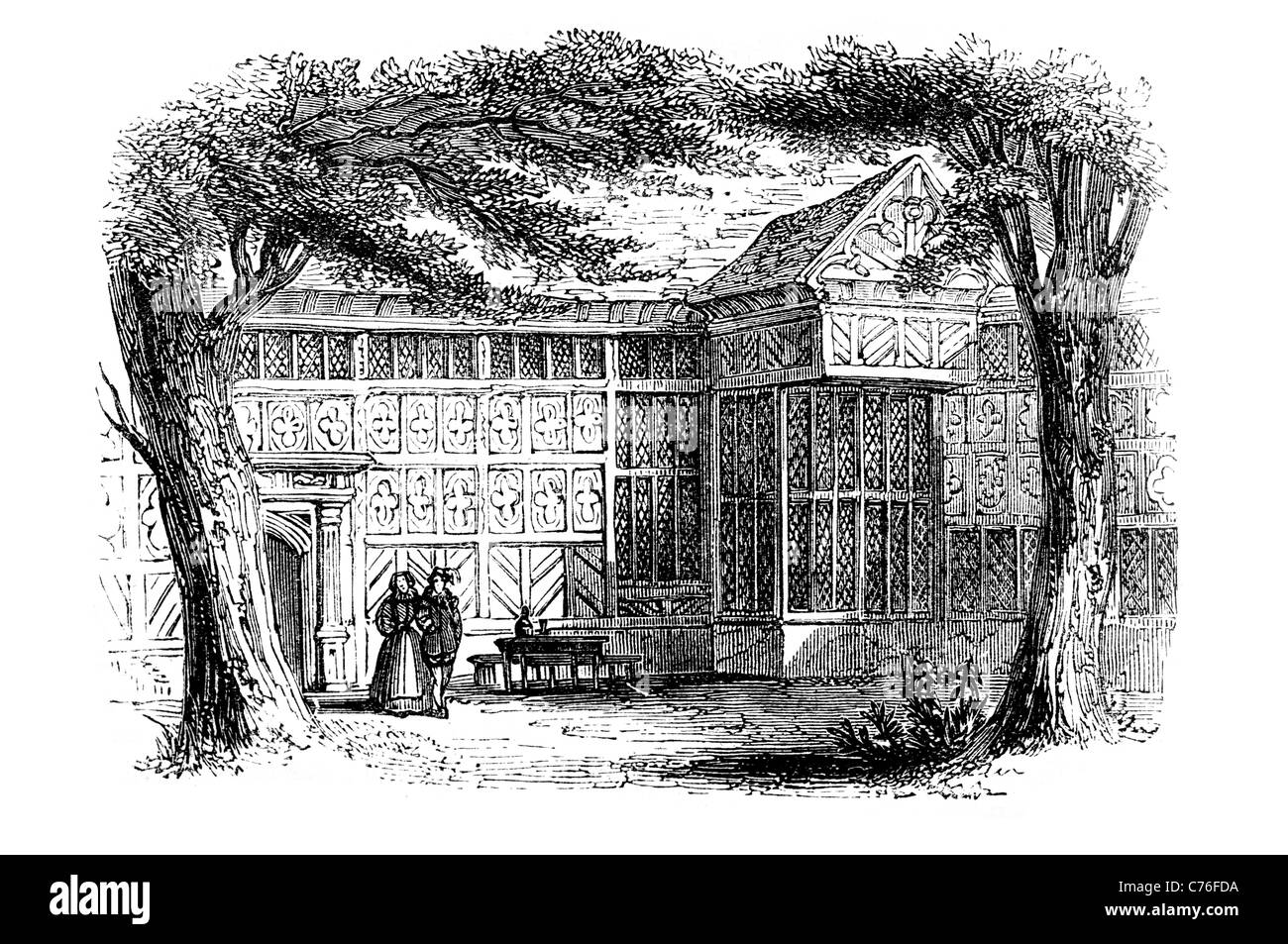 Speke Hall Holz gerahmte Flechtwerk und Lehm Tudor Herrenhaus Liverpool England besten erhaltene große Eiche Salon Flügel Garten Stockfoto