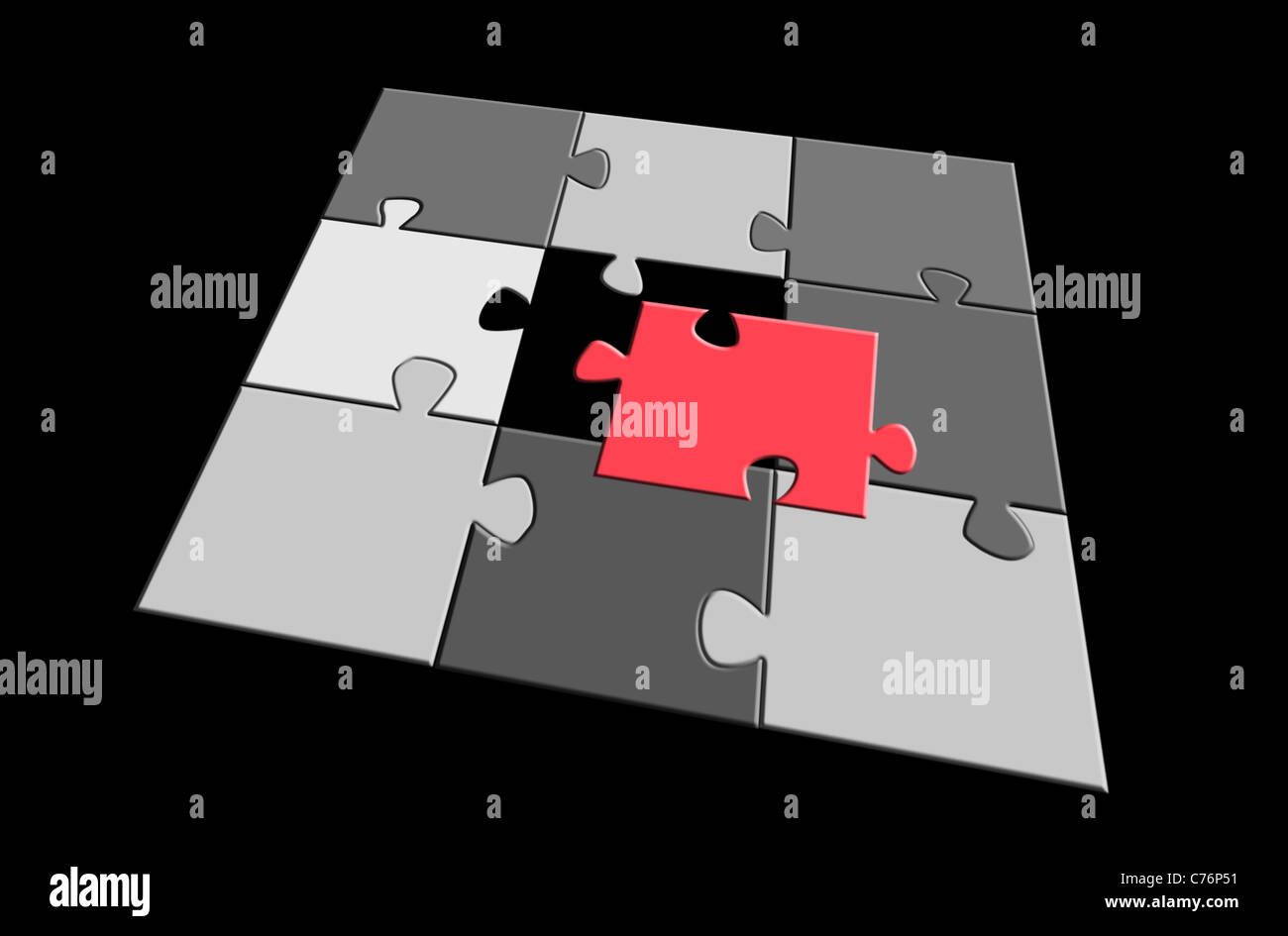 Jigsaw Puzzleteile: eine rote Teil auseinander Stockfoto
