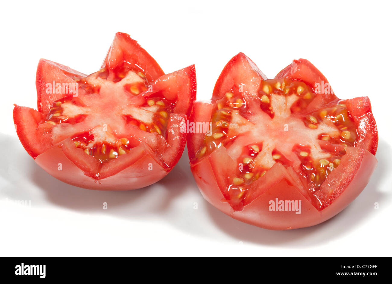 Rotes Beefsteak Tomaten Hälften Stockfoto