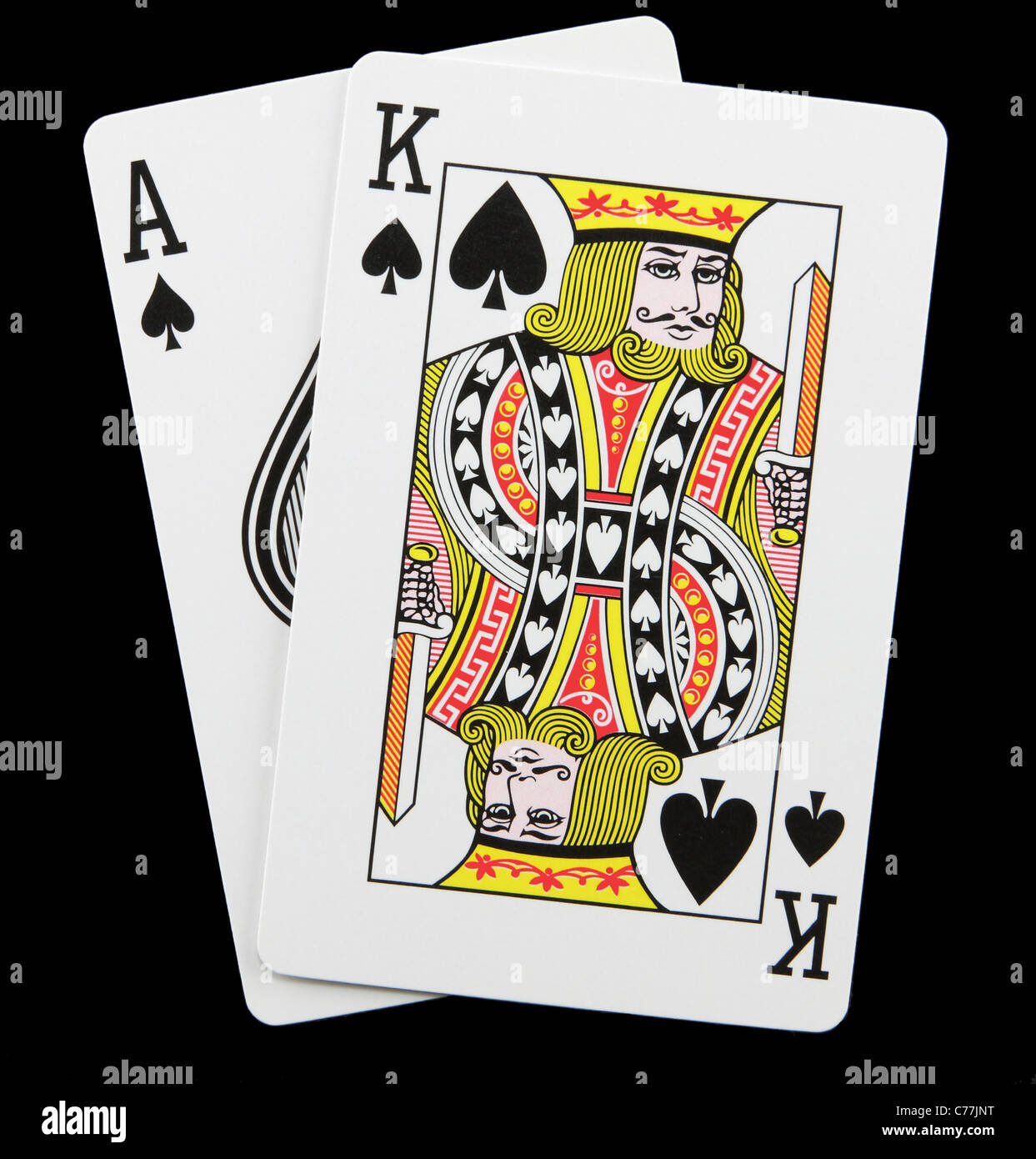 Blackjack-Hand isoliert auf Schwarz zeigt eine gewinnende Kombination Stockfoto