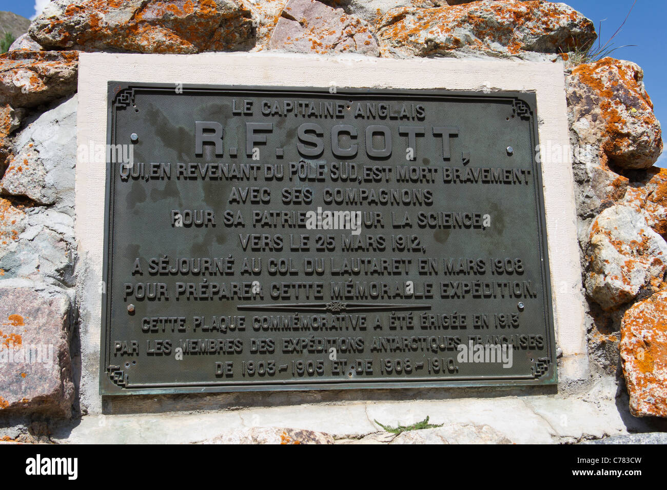 Denkmal für Captain Scott auf dem Col du Lautaret in den französischen Alpen Stockfoto