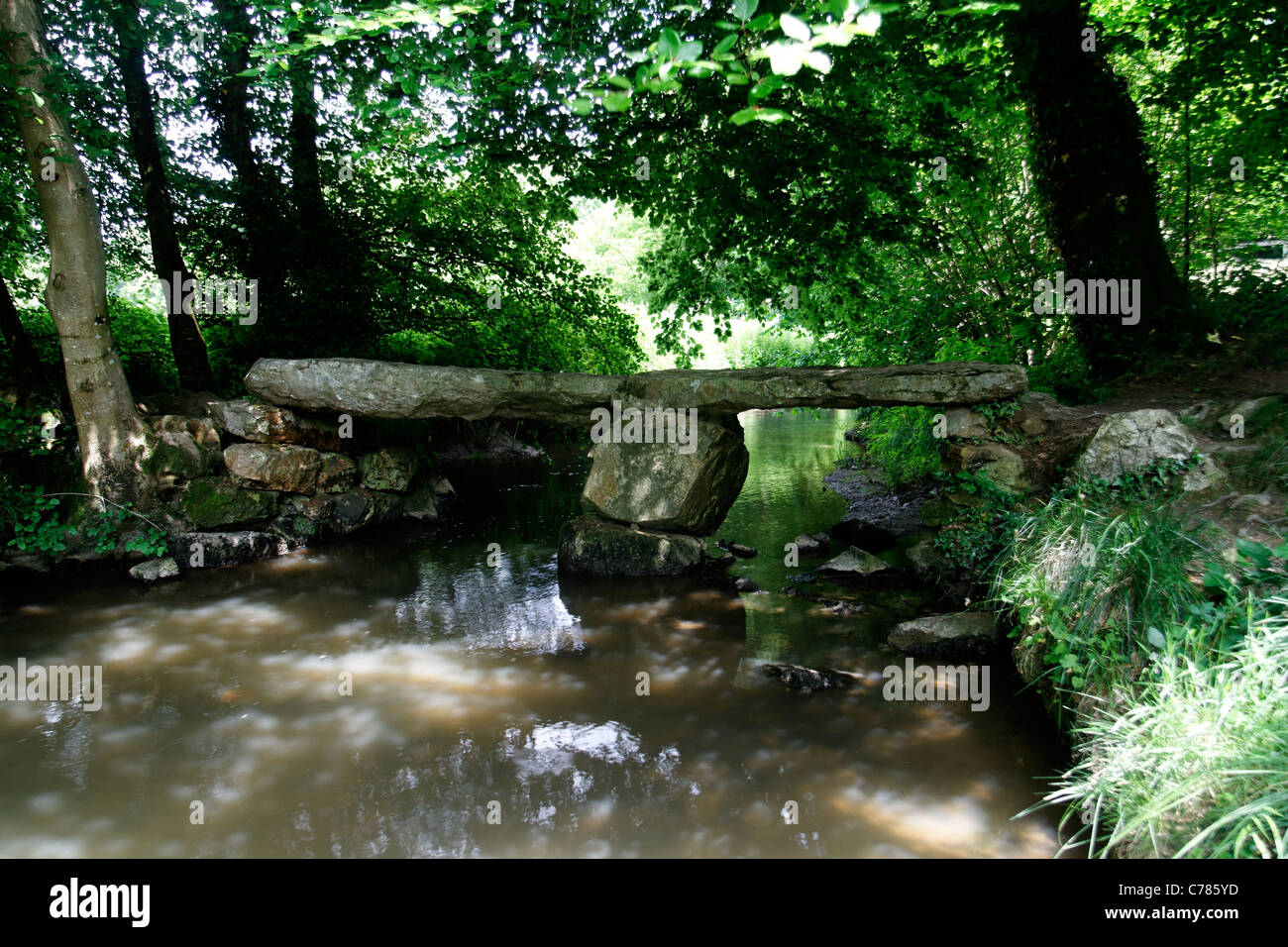 Megalithische Brücke, Fluss la Varenne, Le Chatellier (Orne, Normandie, Frankreich). Stockfoto