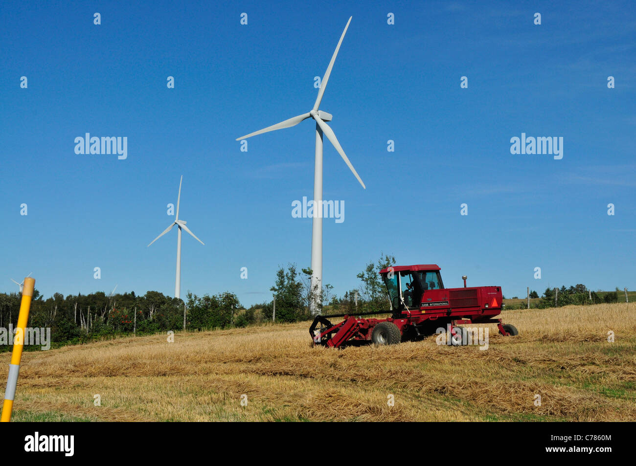 Windmühlen auf einer Farm in Quebec, Kanada, Stromerzeugung. Stockfoto