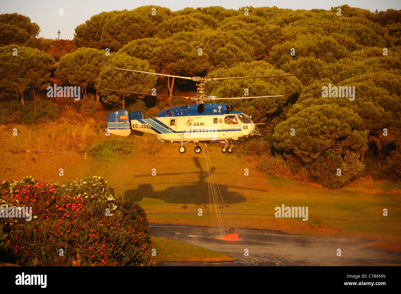 Kamov Ka-32A11BC Hubschrauber sammelt Wasser für Feuer, Cabopino Golf, Costa Del Sol, Provinz Malaga, Andalusien, Spanien, Europa. Stockfoto