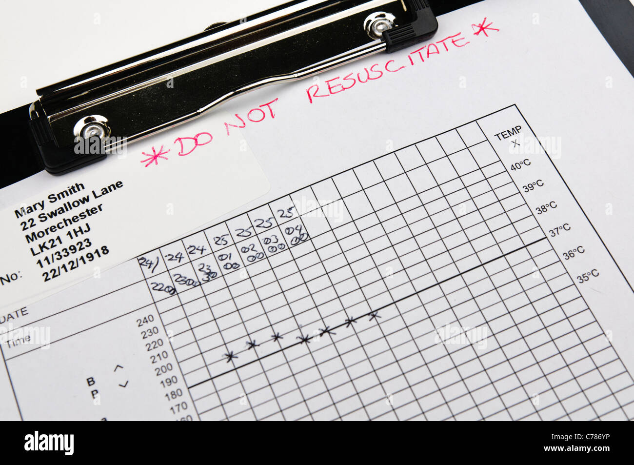 Patientenakte Beobachtung markiert "Nicht reanimieren" Stockfoto