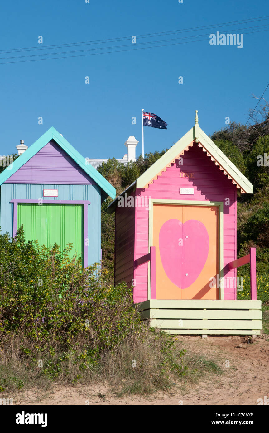 Baden-Boxen über Mühlen Strand am Port Phillip Bay, Mornington, Victoria Stockfoto