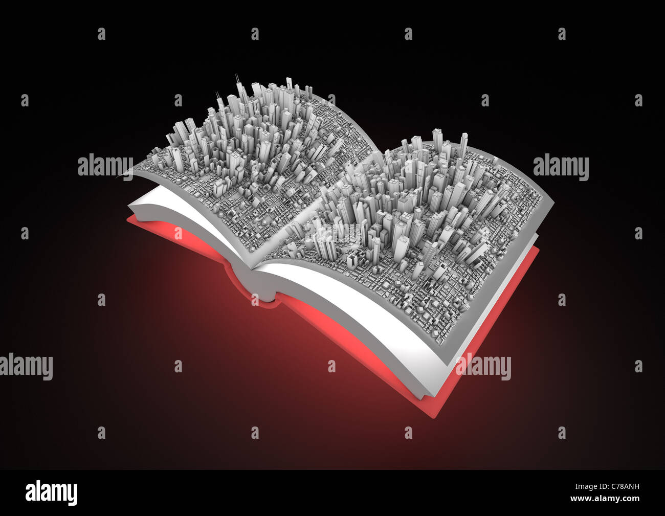 Rendern eines aufgeschlagenen Buches mit einer Stadt in es Stockfoto