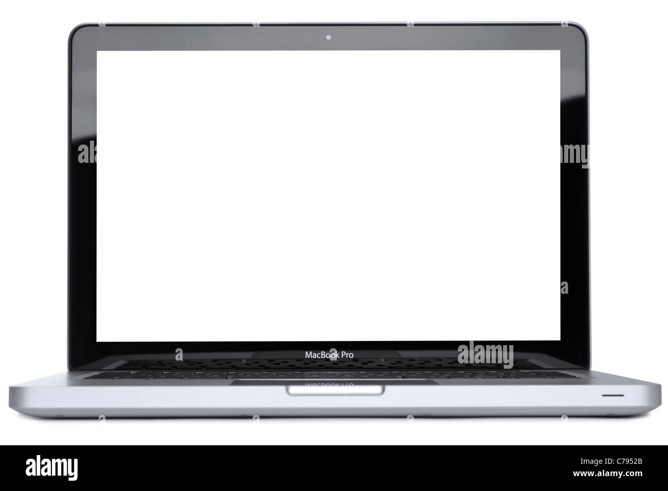 Die neue 2011 MacBook Pro, isoliert auf weißem Hintergrund mit Beschneidungspfade für den Laptop und den Bildschirm. Stockfoto