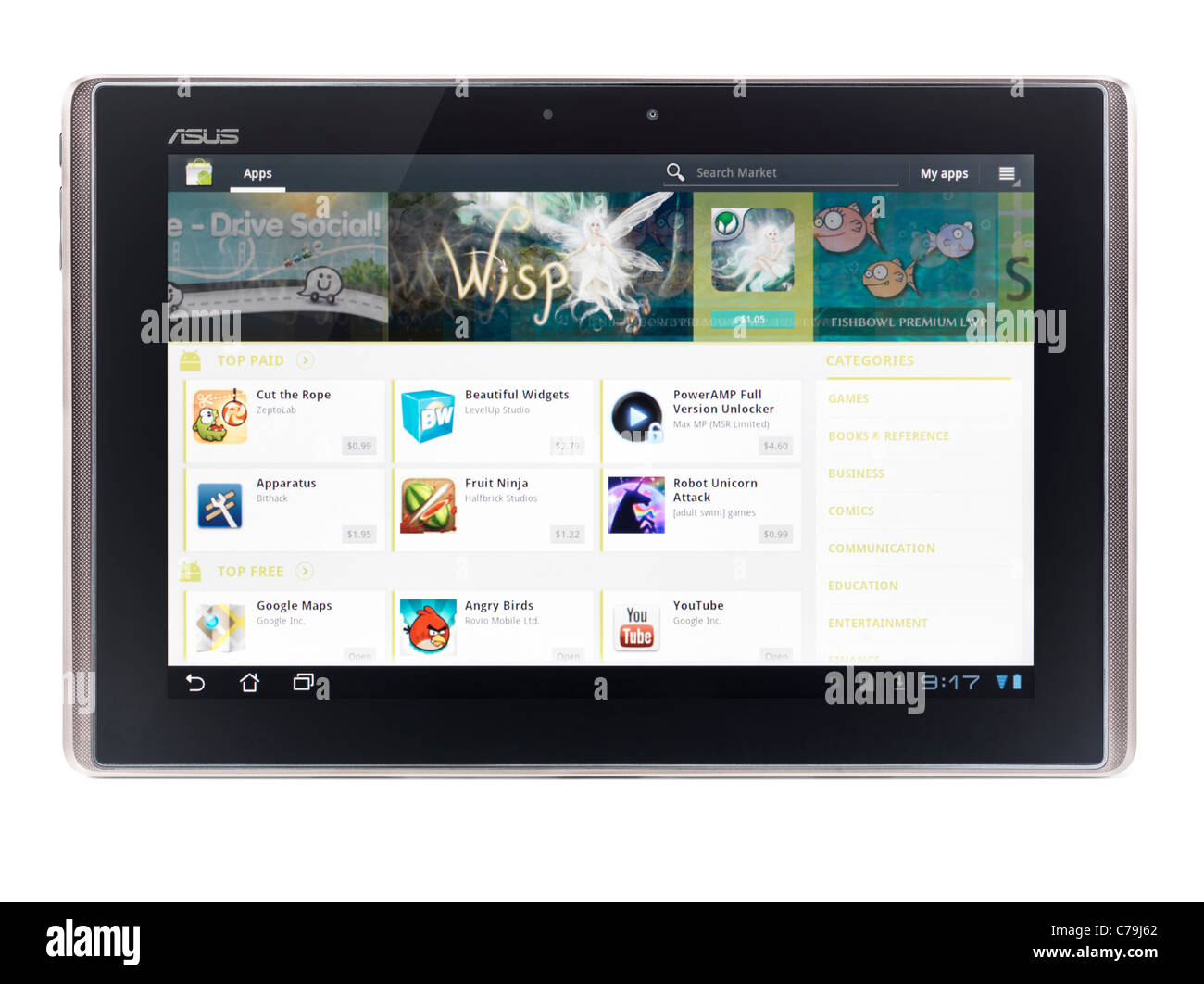 ASUS Eee Pad Transformer TF101 Android Tablet PC mit Google Marketplace auf seinem Schirm isoliert auf weißem Hintergrund Stockfoto