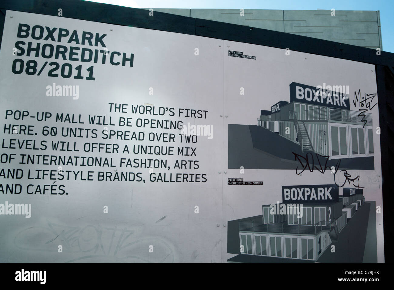 Boxpark - weltweit erste Pop-up-Mall in Shoreditch, London gebaut Stockfoto