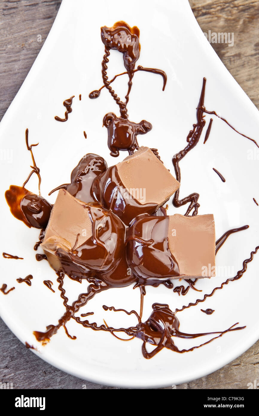 glatte Schokoladenstücke mit Schokoladensauce Stockfoto
