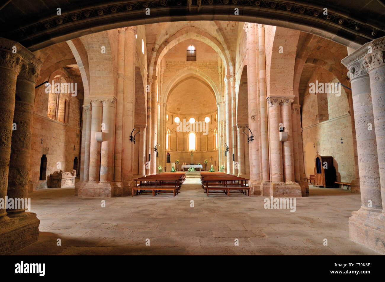 Spanien, Jakobsweg: Innenraum der Basilika des Klosters Santa Maria la Real in Irache Stockfoto