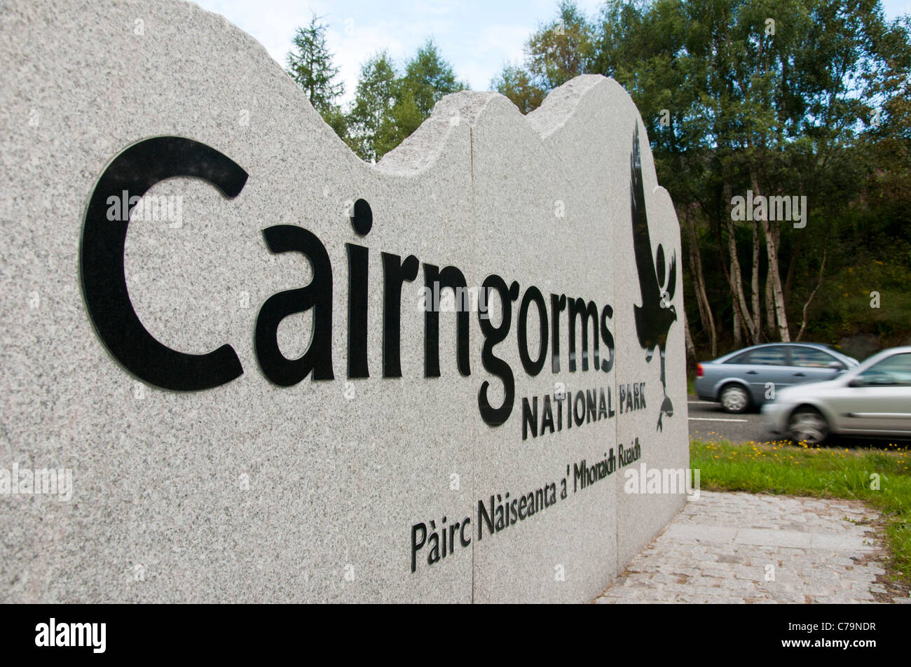 Gateway zu den Cairngorms National Park. Das Vorzeichen ist südlich des Dorfes Blair Atholl. Stockfoto